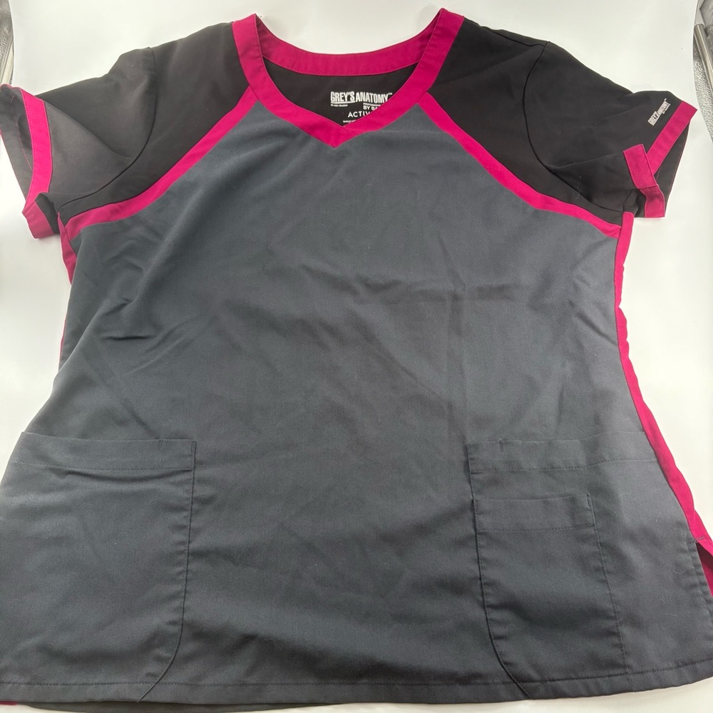 Grey’s Anatomy Women’s Grey and Pink Color block Scrub Top XL